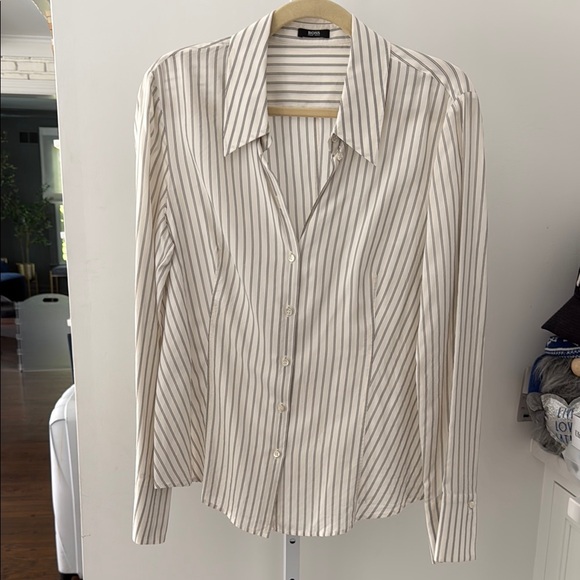 Hugo Boss Tops - Striped Button-Up Shirt in Cream and Taupe
